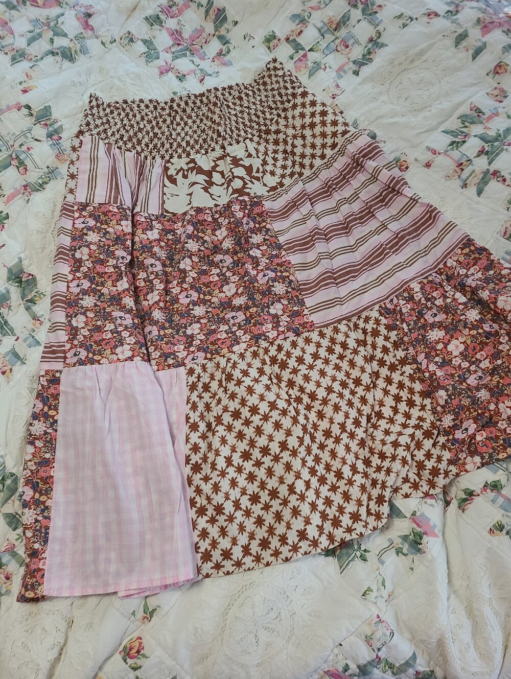 Universal Thread Patchwork Maxi Skirt - Pink & Brown Floral Mix Smocked Waist - Picture 2 of 5
